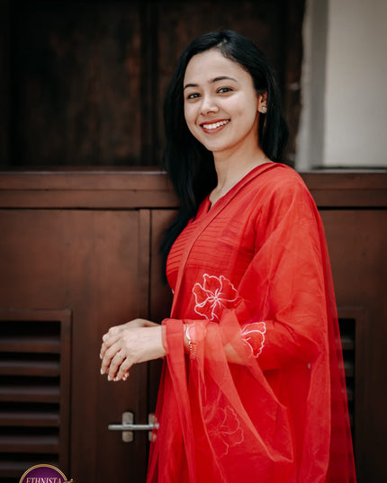 EC121 –  Brick Red (Orange) Mul Chanderi Embroidered Kurti Set