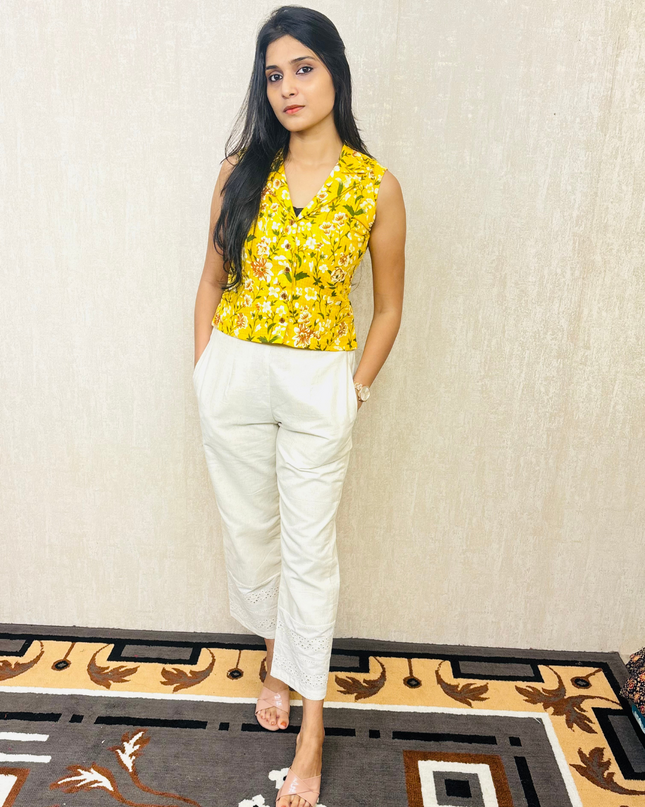 Yellow Floral Cotton Kurti Set with Flex Bottom – EC051