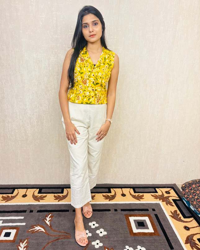 Yellow Floral Cotton Kurti Set with Flex Bottom – EC051