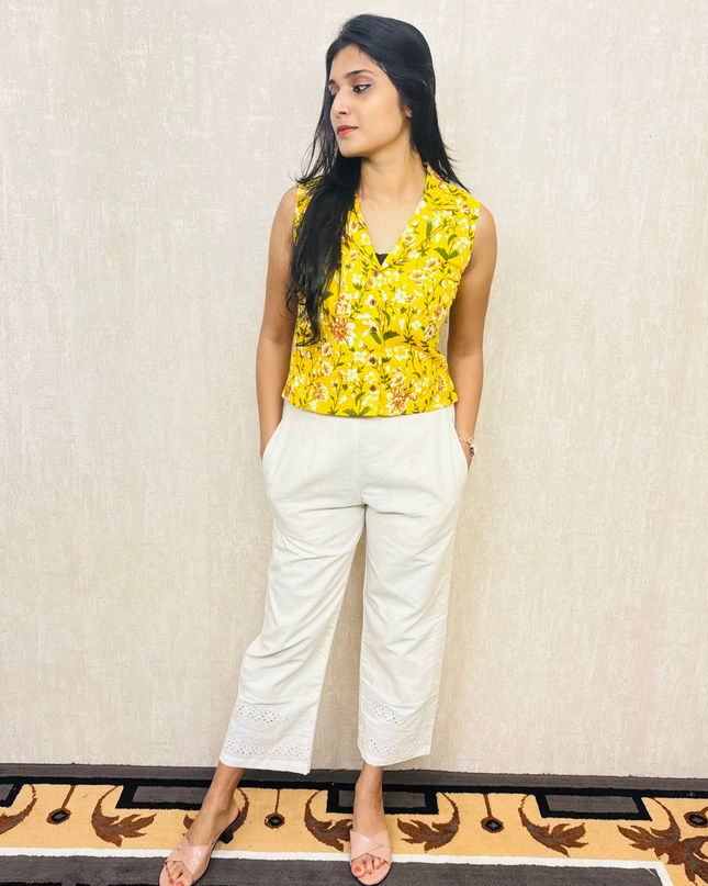 Yellow Floral Cotton Kurti Set with Flex Bottom – EC051