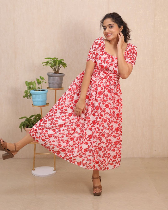 Red Floral Fendy Crush Midi Dress – EC090