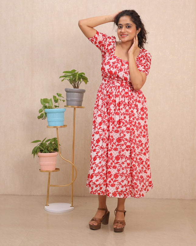 Red Floral Fendy Crush Midi Dress – EC090