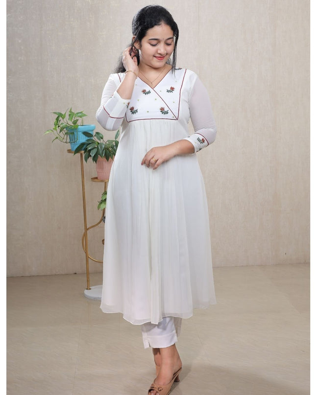 EC075 – White Georgette Embroidered Kurti Set with Scalloped Dupatta