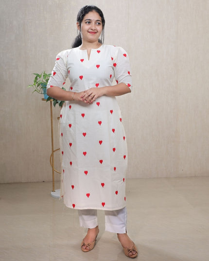 Off White Cotton Kurti Set with Red Thread Embroidery - EC096