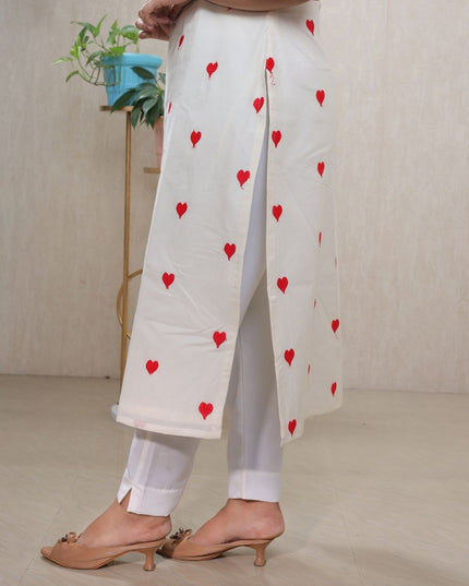 Off White Cotton Kurti Set with Red Thread Embroidery - EC096