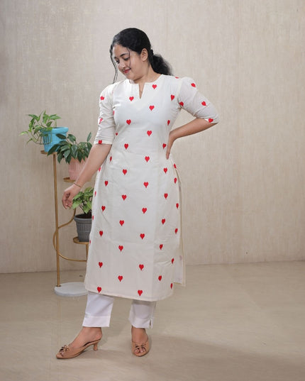 Off White Cotton Kurti Set with Red Thread Embroidery - EC096