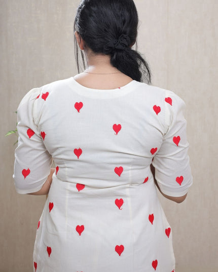 Off White Cotton Kurti Set with Red Thread Embroidery - EC096