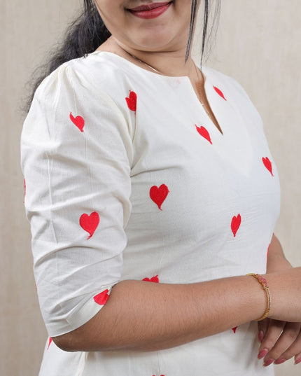 Off White Cotton Kurti Set with Red Thread Embroidery - EC096