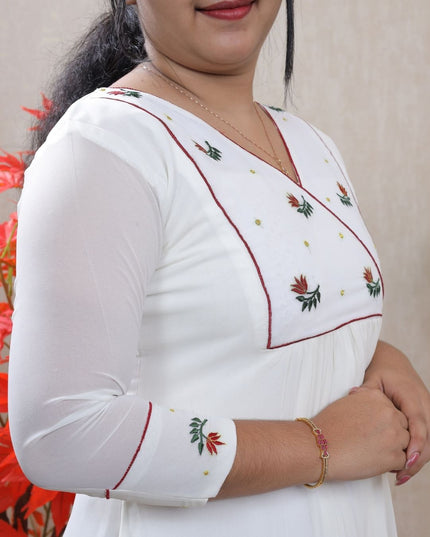 EC075 – White Georgette Embroidered Kurti Set with Scalloped Dupatta