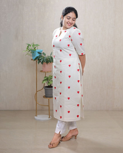 Off White Cotton Kurti Set with Red Thread Embroidery - EC096