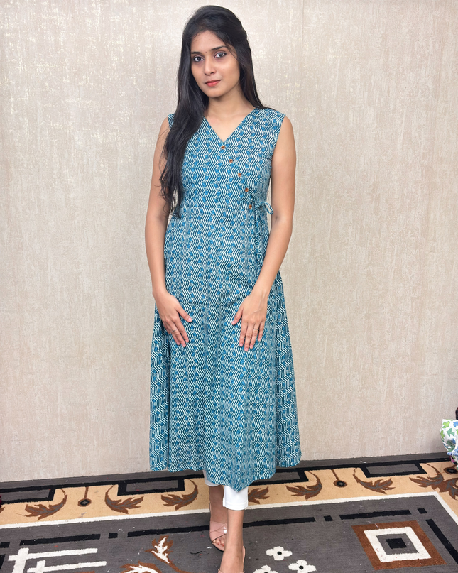 Teal Blue Pure Cotton A-Line Kurti with White Cotton Bottom – EC058