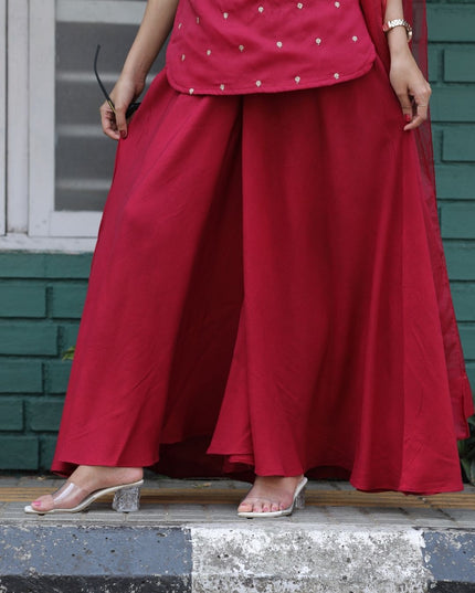 EC112-  Wine Red Silky Georgette Butti Work Sharara Style 3 Piece