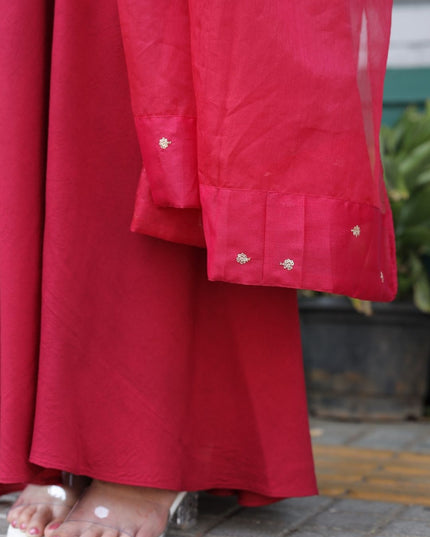 EC112-  Wine Red Silky Georgette Butti Work Sharara Style 3 Piece