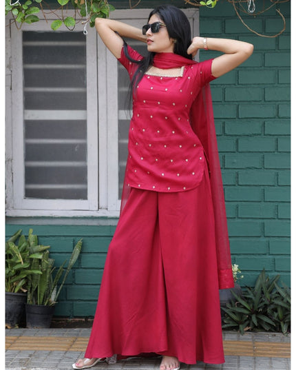 EC112-  Wine Red Silky Georgette Butti Work Sharara Style 3 Piece