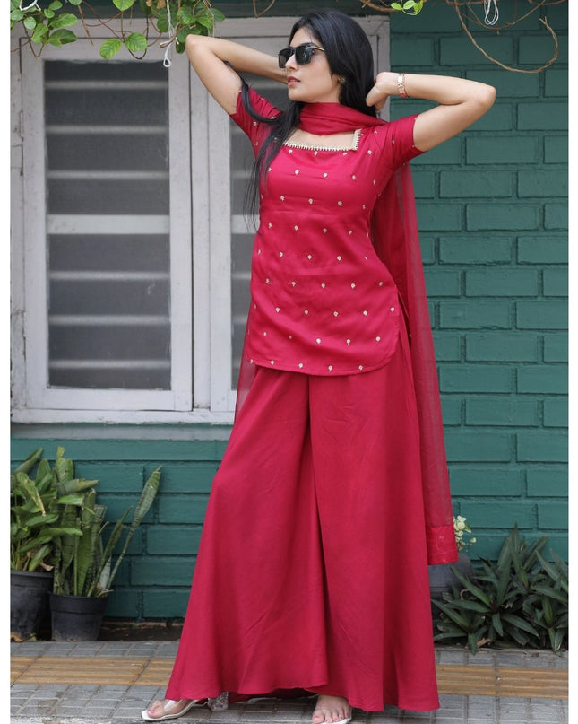 EC112-  Wine Red Silky Georgette Butti Work Sharara Style 3 Piece