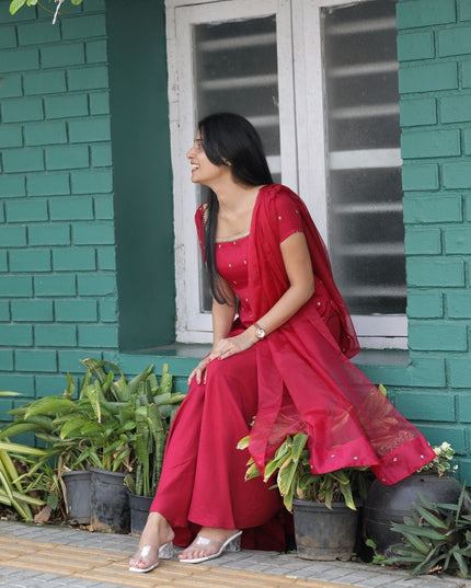 EC112-  Wine Red Silky Georgette Butti Work Sharara Style 3 Piece