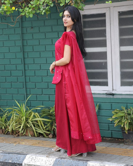 EC112-  Wine Red Silky Georgette Butti Work Sharara Style 3 Piece