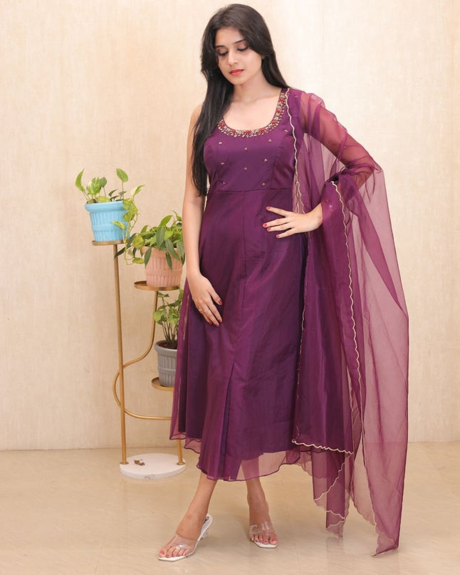 EC114-Soft Organza Anarkali Set with Scallop Dupatta – 3 Piece