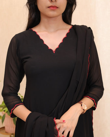 Black Georgette Kurti Set with Red Scallop Lace Dupatta – EC115
