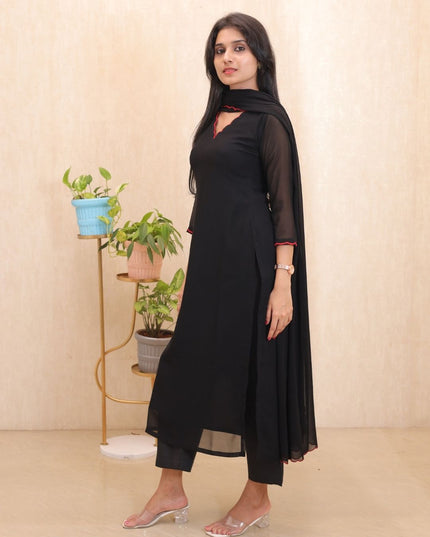 Black Georgette Kurti Set with Red Scallop Lace Dupatta – EC115