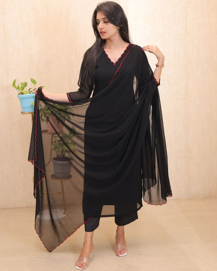 Black Georgette Kurti Set with Red Scallop Lace Dupatta – EC115