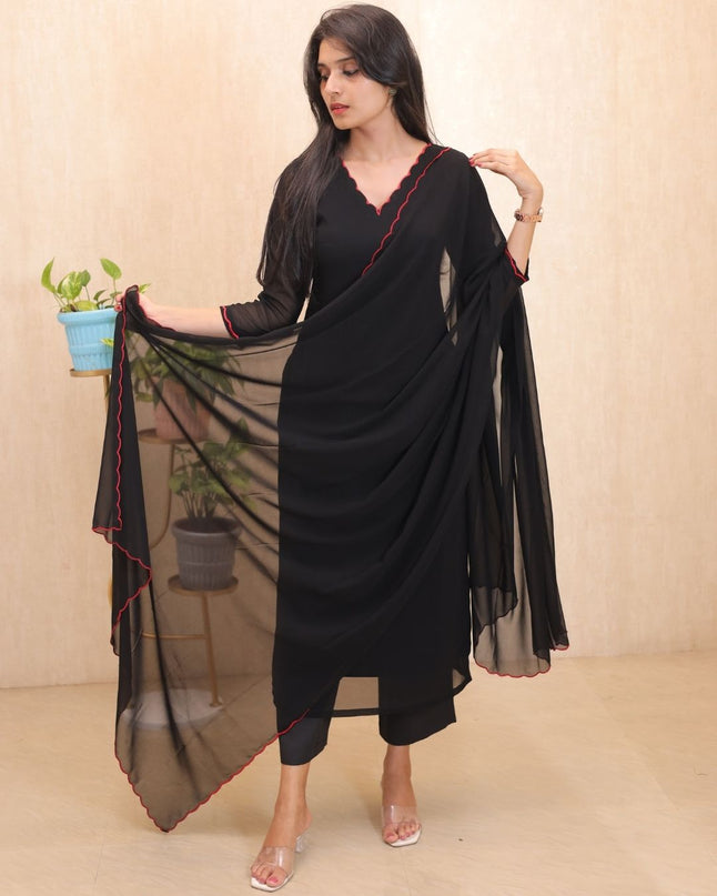 Black Georgette Kurti Set with Red Scallop Lace Dupatta – EC115