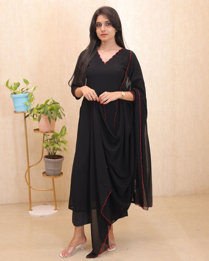 Black Georgette Kurti Set with Red Scallop Lace Dupatta – EC115