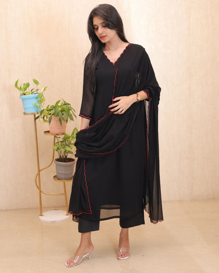 Black Georgette Kurti Set with Red Scallop Lace Dupatta – EC115
