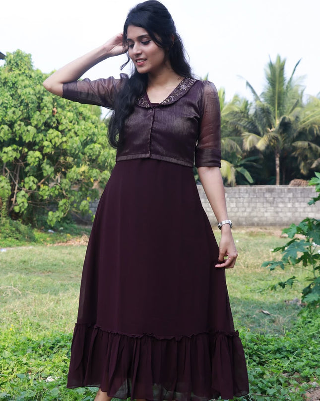 Two-Piece Georgette Jacket Dress with Hand Work – EC01