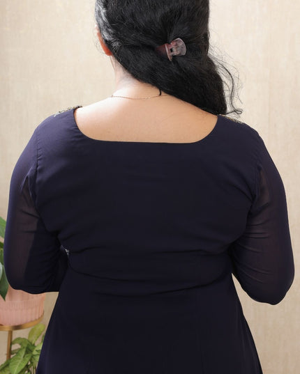 Dark Navy Blue Bloomy Georgette Hand-Work Kurti Set- EC095