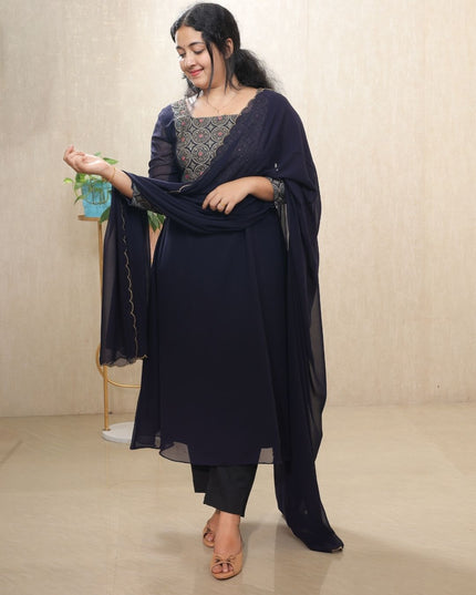 Dark Navy Blue Bloomy Georgette Hand-Work Kurti Set- EC095