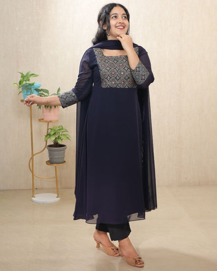 Dark Navy Blue Bloomy Georgette Hand-Work Kurti Set- EC095