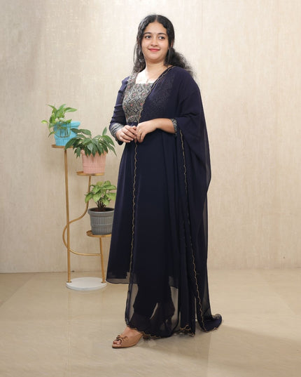 Dark Navy Blue Bloomy Georgette Hand-Work Kurti Set- EC095