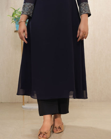 Dark Navy Blue Bloomy Georgette Hand-Work Kurti Set- EC095