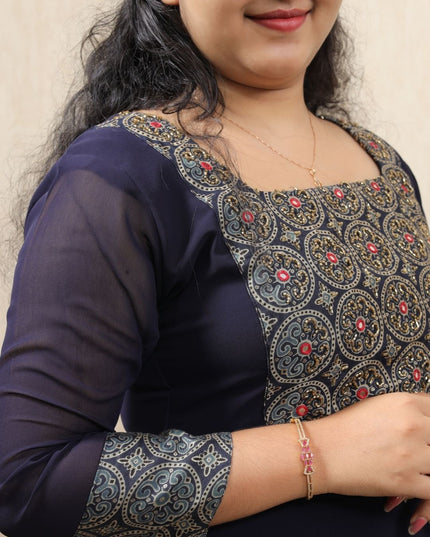 Dark Navy Blue Bloomy Georgette Hand-Work Kurti Set- EC095