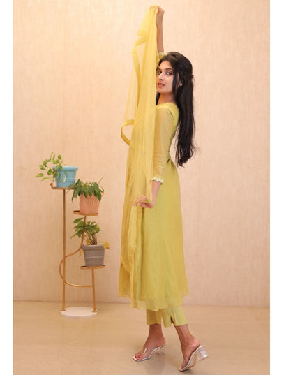 Yellow Mul Chanderi Embroidered Gown Set - EC107