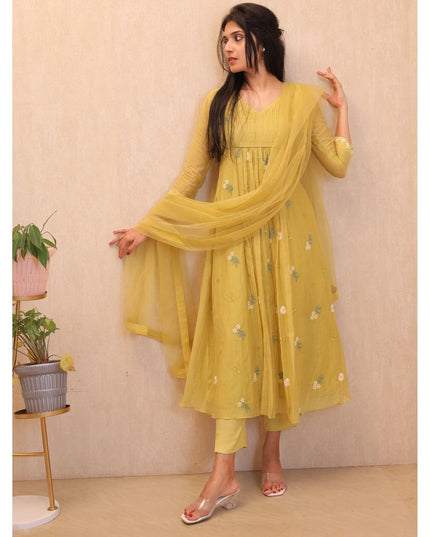 Yellow Mul Chanderi Embroidered Gown Set - EC107