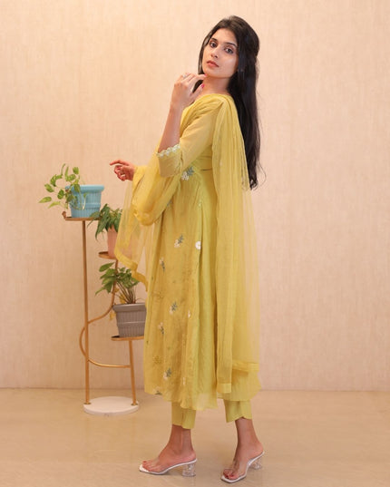 Yellow Mul Chanderi Embroidered Gown Set - EC107