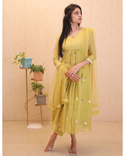 Yellow Mul Chanderi Embroidered Gown Set - EC107