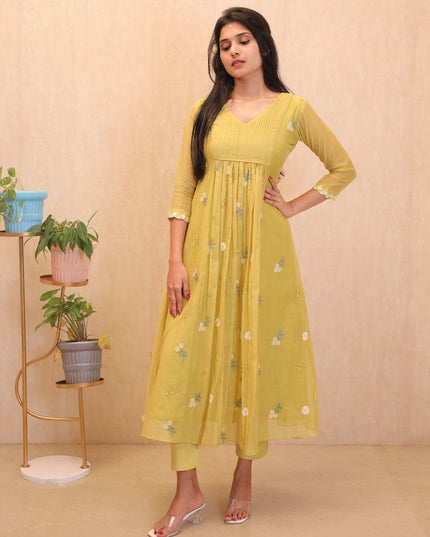 Yellow Mul Chanderi Embroidered Gown Set - EC107