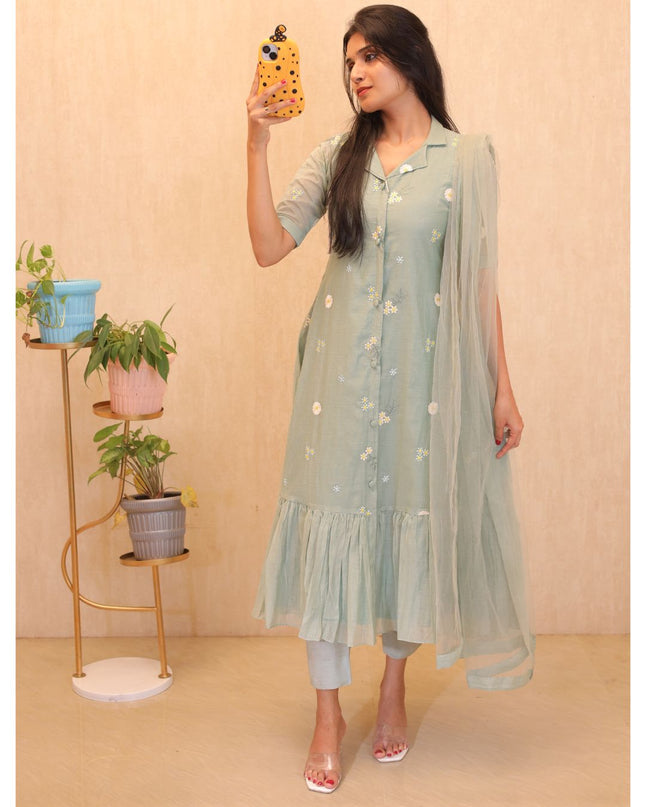 Mul Chanderi Embroidered Kurti Set -EC106