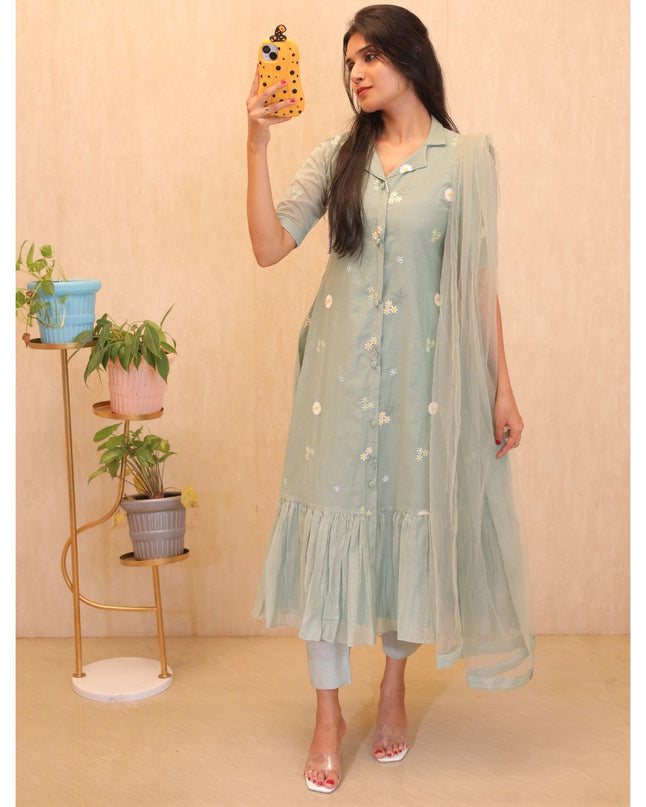Mul Chanderi Embroidered Kurti Set -EC106