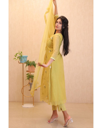 Yellow Mul Chanderi Embroidered Gown Set - EC107