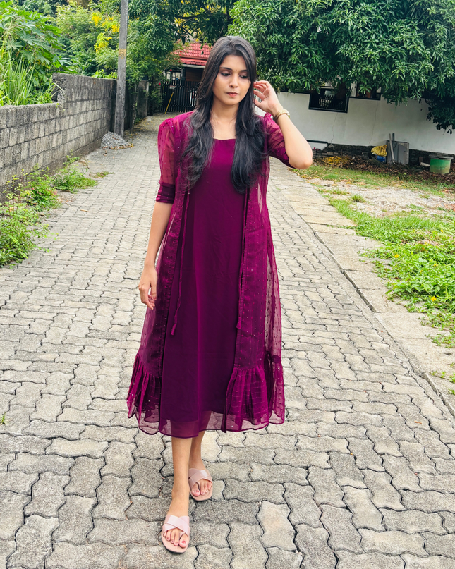 Deep Wine 2-Piece Georgette Dress with Overcoat – EC05