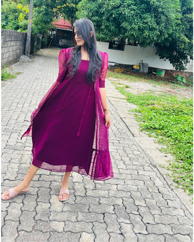 Deep Wine 2-Piece Georgette Dress with Overcoat – EC05