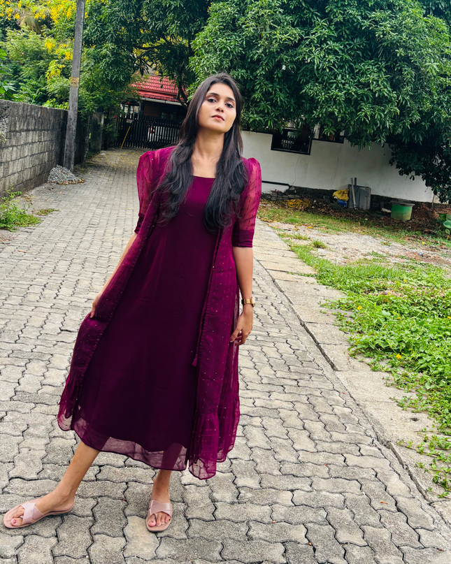 Deep Wine 2-Piece Georgette Dress with Overcoat – EC05