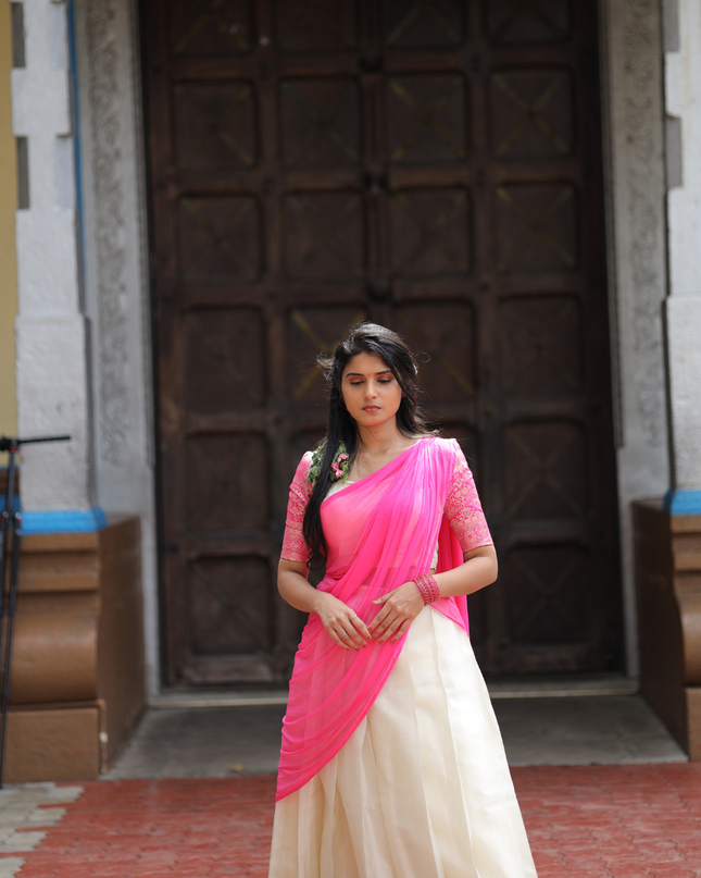 Ivory and Pink Davani (Half Saree) EC063
