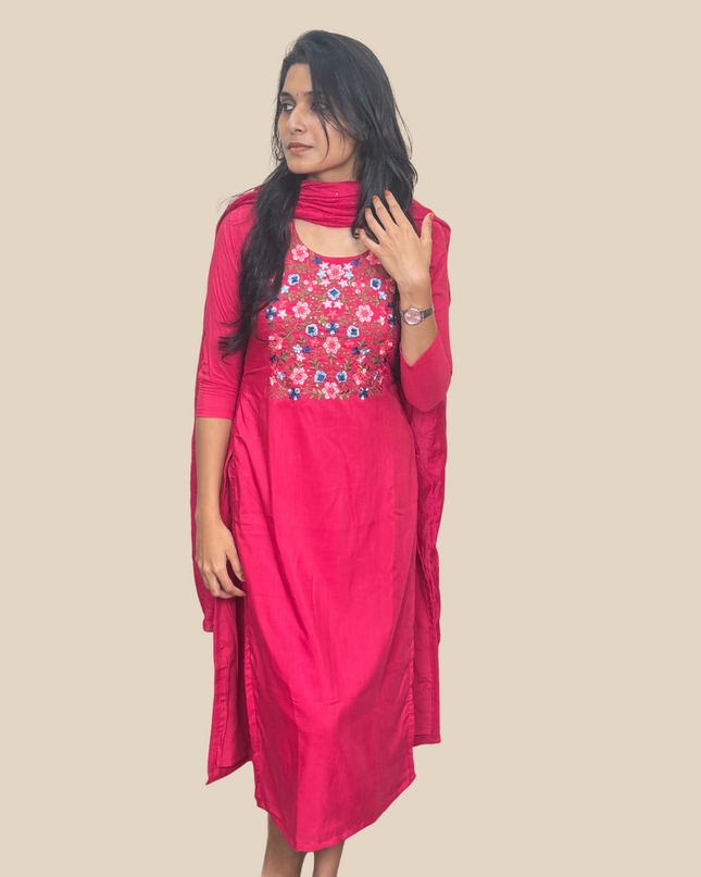 Cotton Slub Kurti Set with Embroidery EC038