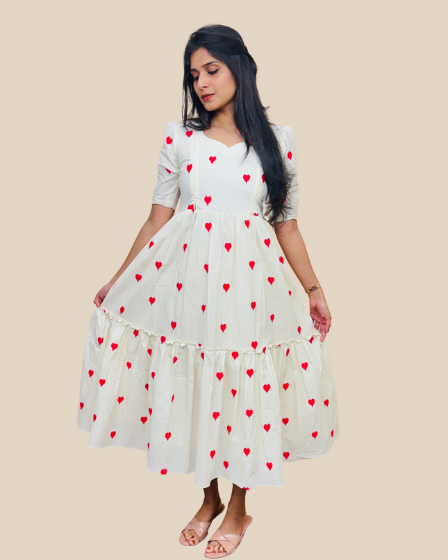 Pure Cotton Red Heart Embroidered Feeding-Friendly Maxi Dress EC056