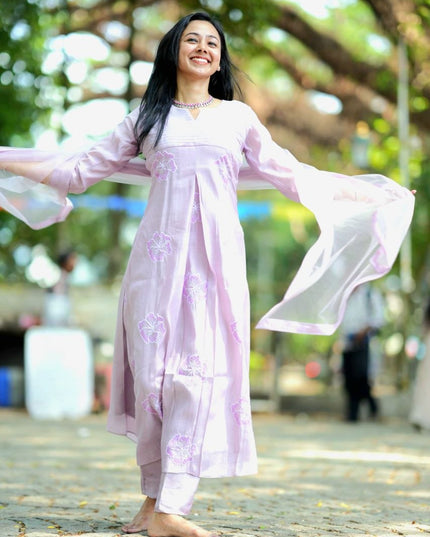 EC123  - Lavender Mul Chanderi Embroidered Kurti Set.